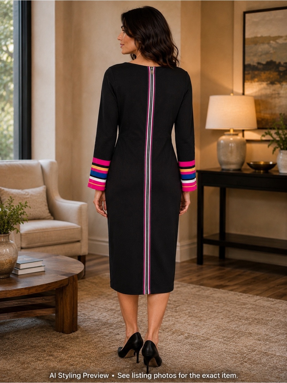 Hilary Radley Katherine Barclay Black Stripe Knit Midi Dress